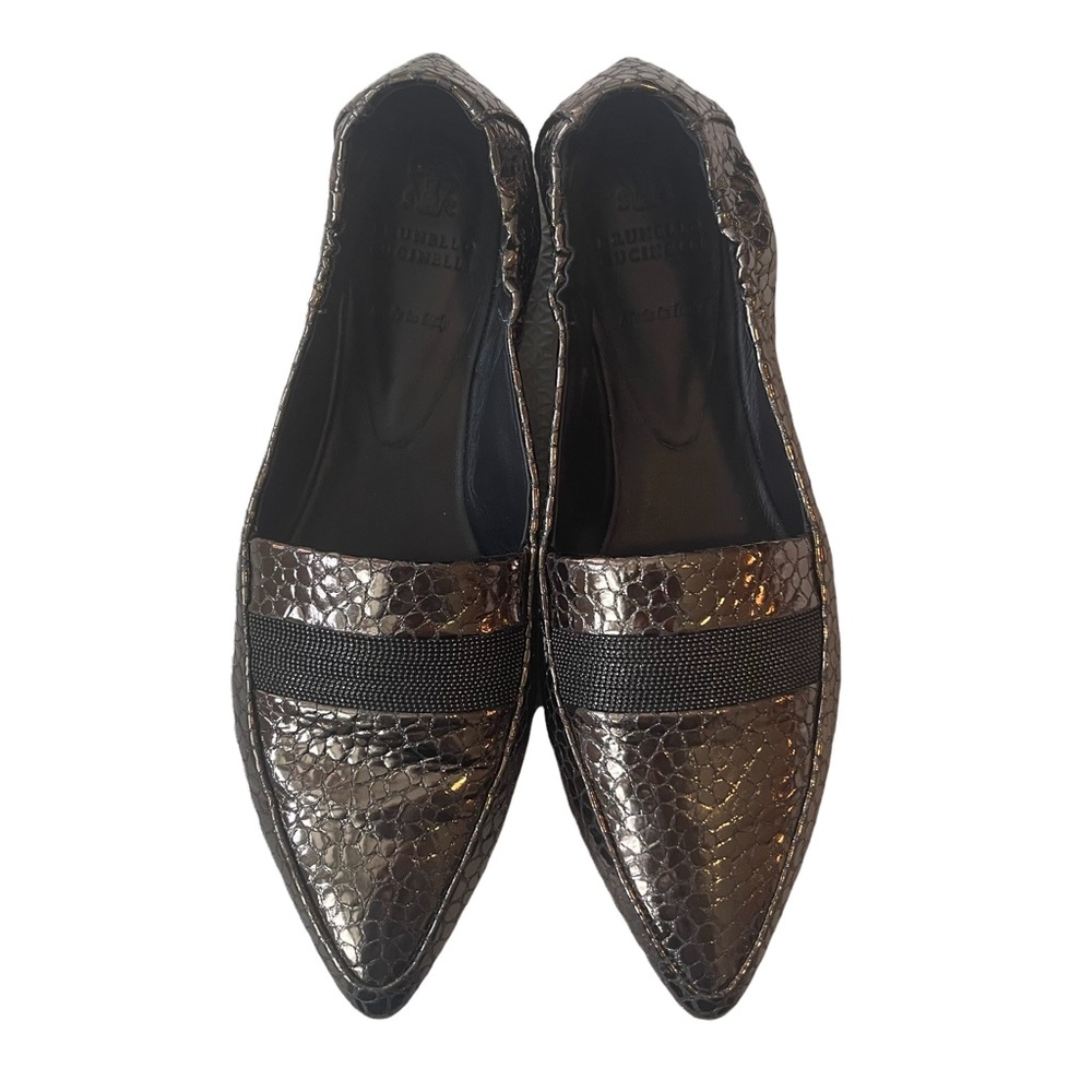 Brunello Cucinelli Metallic Crocodile Embossed Pointy Flat with Monili